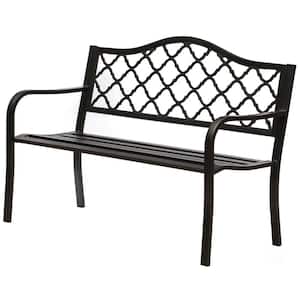 Outdoor Garden Patio Steel Park Bench Lawn Decor with Cast Iron Metal Back, Black Seating Bench Yard, Patio, and Deck