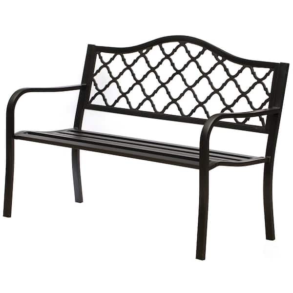 Gardenised Outdoor Garden Patio Steel Park Bench Lawn Decor with Cast Iron Metal Back, Black Seating Bench Yard, Patio, and Deck