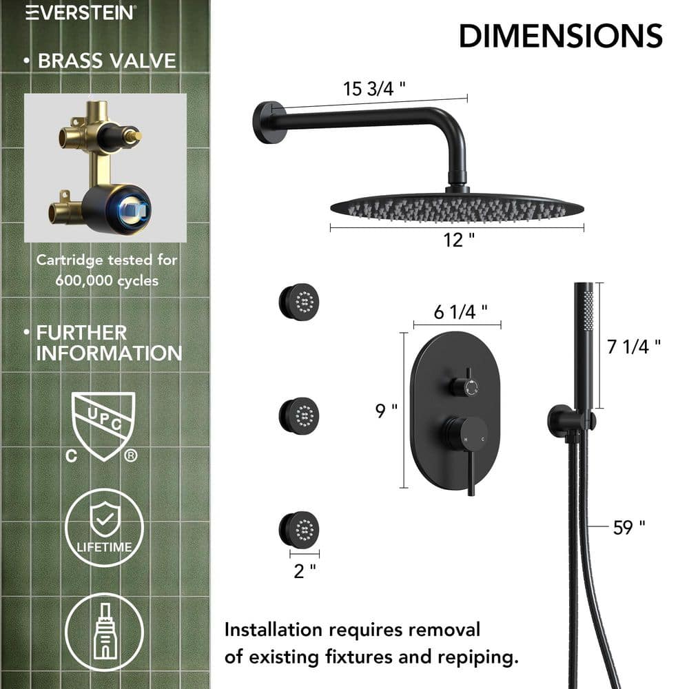Matte Black 12" Ceiling Mounted Rainfall Shower System with Jets