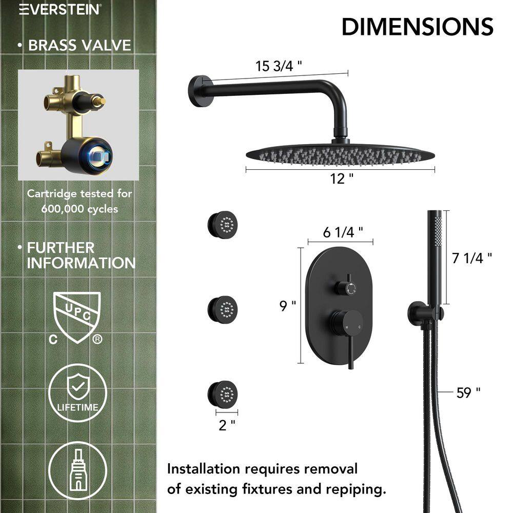 Matte Black 12" Ceiling Mounted Rainfall Shower System with Jets