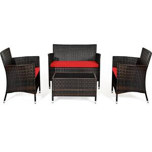 4-Pieces Rattan Patio Furniture Set with Red Cushions