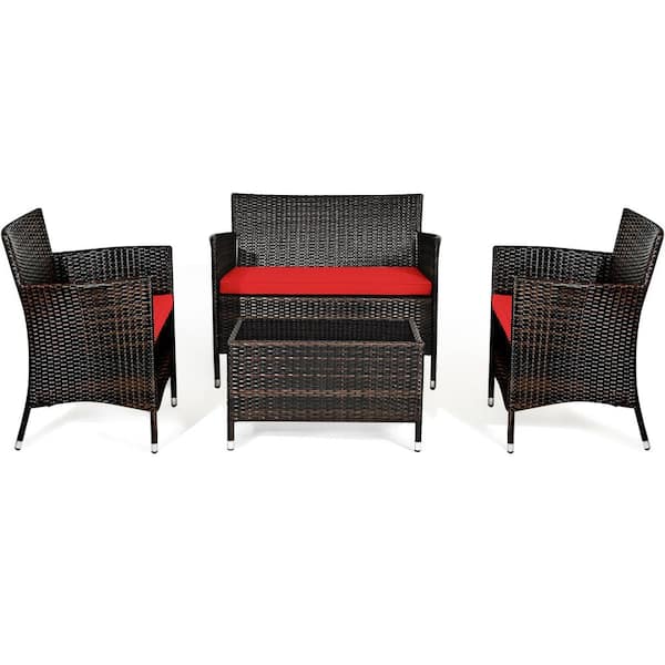 Costway 4-Pieces Rattan Patio Furniture Set with Red Cushions