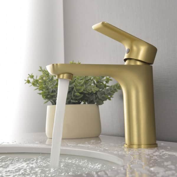Single Handle Single Hole Bathroom Faucet with Built-in Aerator in Brushed Gold