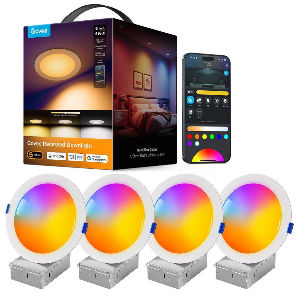 Matter WiFi RGBIC Smart 6 in Recessed Downlight 1100LM 75W Eq Dimmable Tunable 2700-6500K 4 Pack
