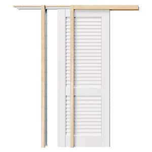 30 in. x 80 in. Pre-assembled Louvered Panel, MDF, White Primed Pocket Door Frame with Hardware