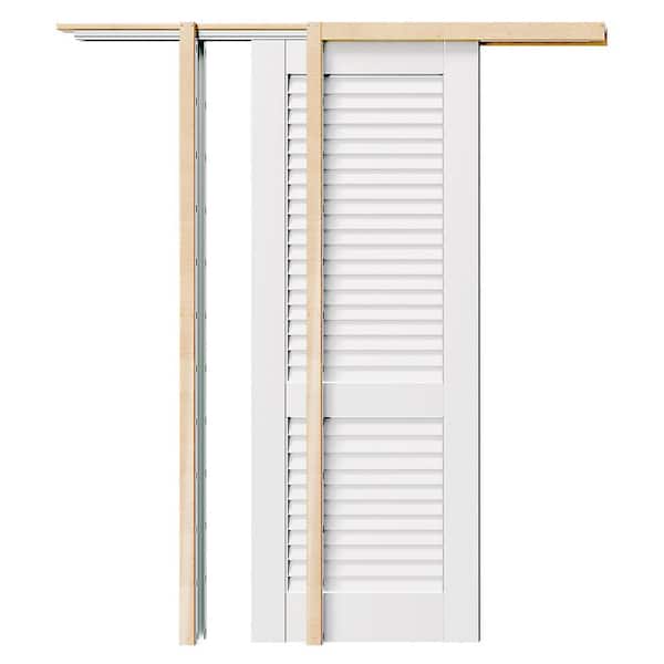 TENONER 30 in. x 80 in. Pre-assembled Louvered Panel, MDF, White Primed Pocket Door Frame with Hardware