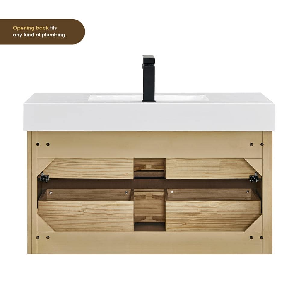 Livia 36" Nature Brown Fir Wood Wall-Mounted Vanity with White Sink