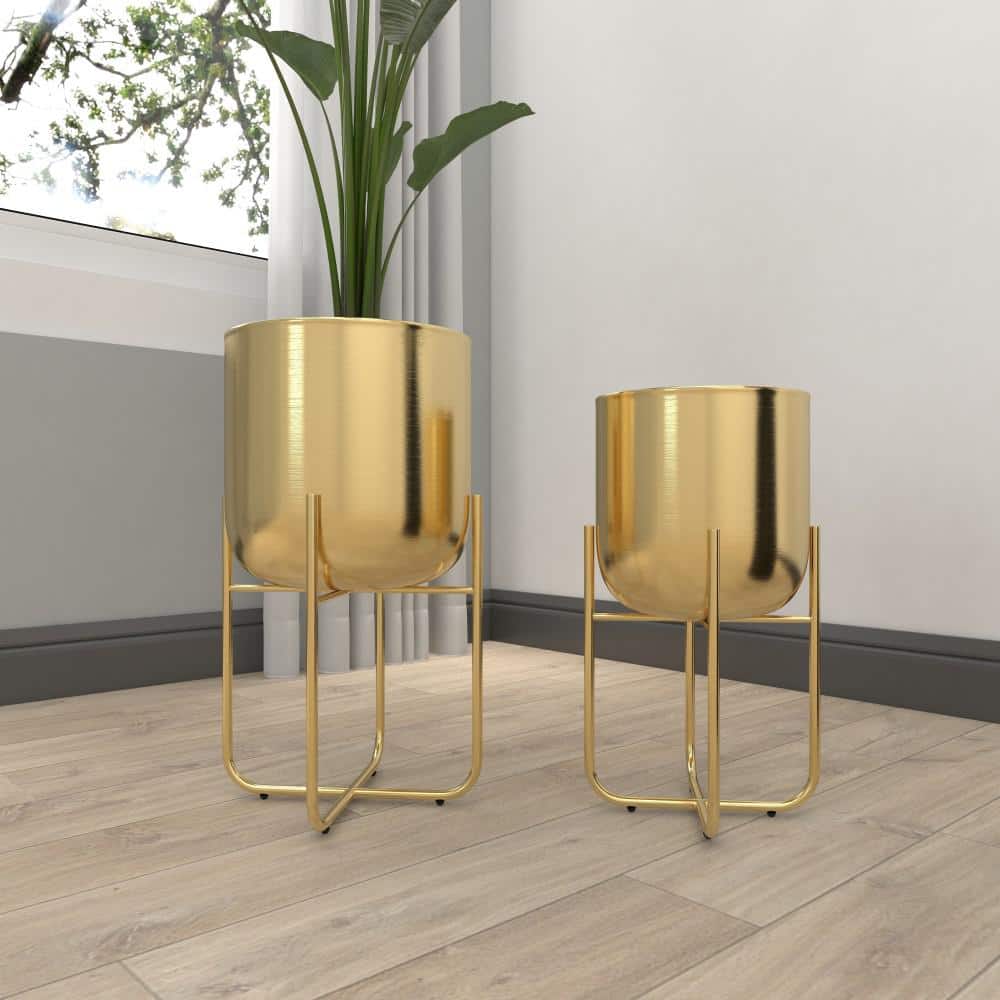 Gold Brushed Dome Metal Planter Set with Stands