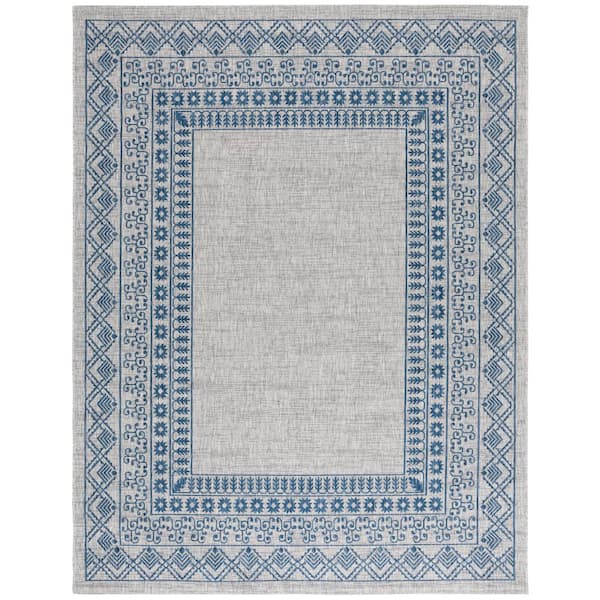 Courtyard Gray/Navy 9 ft. x 12 ft. Border Ornate Indoor/Outdoor Area Rug