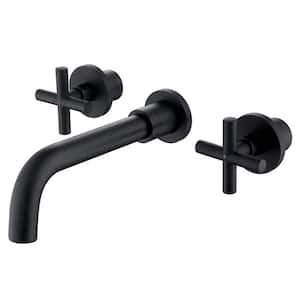 Double Handle Wall Mounted Bathroom Faucet Brass Modern 3 Holes Sink Faucets in Matte Black (Valve Included)