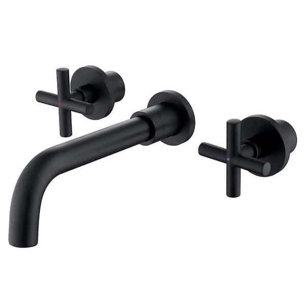 FLG Double Handle Wall Mounted Bathroom Faucet Brass Modern 3 Holes Sink Faucets in Matte Black (Valve Included)