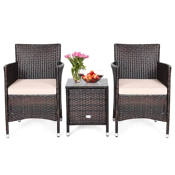 3-Piece PE Rattan Wicker Patio Conversation Set Outdoor Chairs and Coffee Table with Yellowish Cushion
