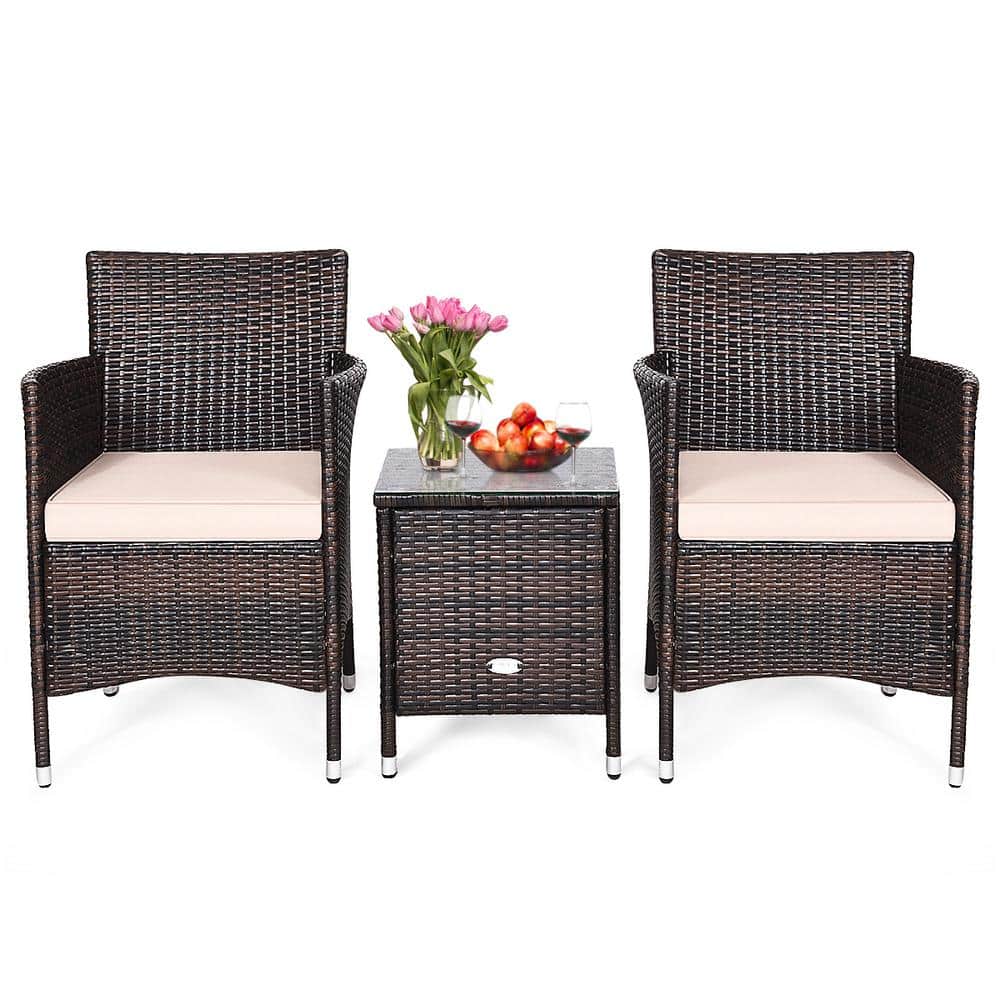 Costway 3-Piece PE Rattan Wicker Patio Conversation Set Outdoor Chairs and Coffee Table with Yellowish Cushion QD-6G3G1WF Sansujyuku sansujyuku.com