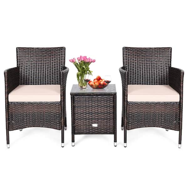 Costway 3-Piece PE Rattan Wicker Patio Conversation Set Outdoor Chairs and Coffee Table with Yellowish Cushion
