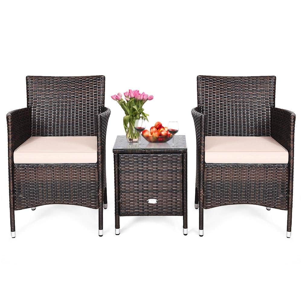 3 Piece Pe Rattan Wicker Patio Conversation Set Outdoor Chairs And Coffee Table With Yellowish Cushion Ghm0014 The Home Depot - 3pc Rattan Garden Patio Furniture Set
