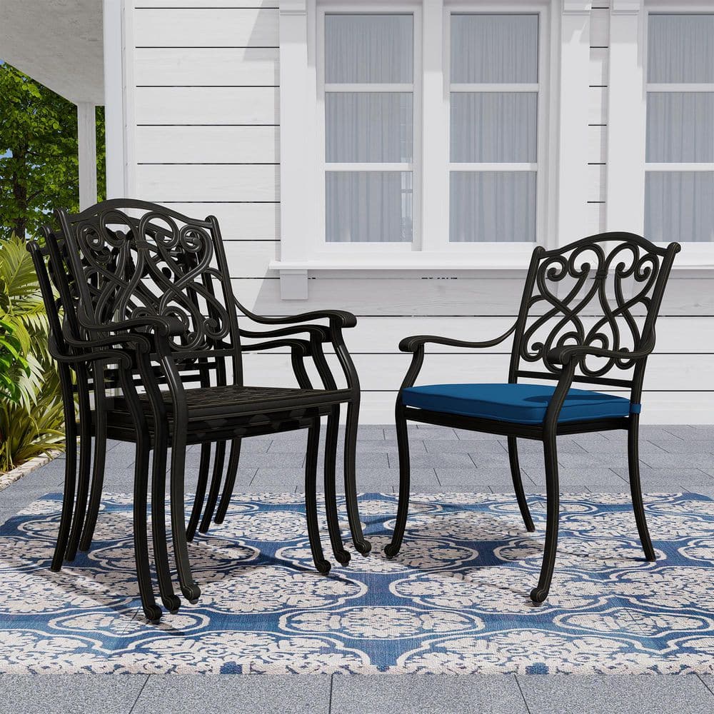 Set of 4 Black Cast Aluminum Outdoor Dining Chairs with Blue Cushions