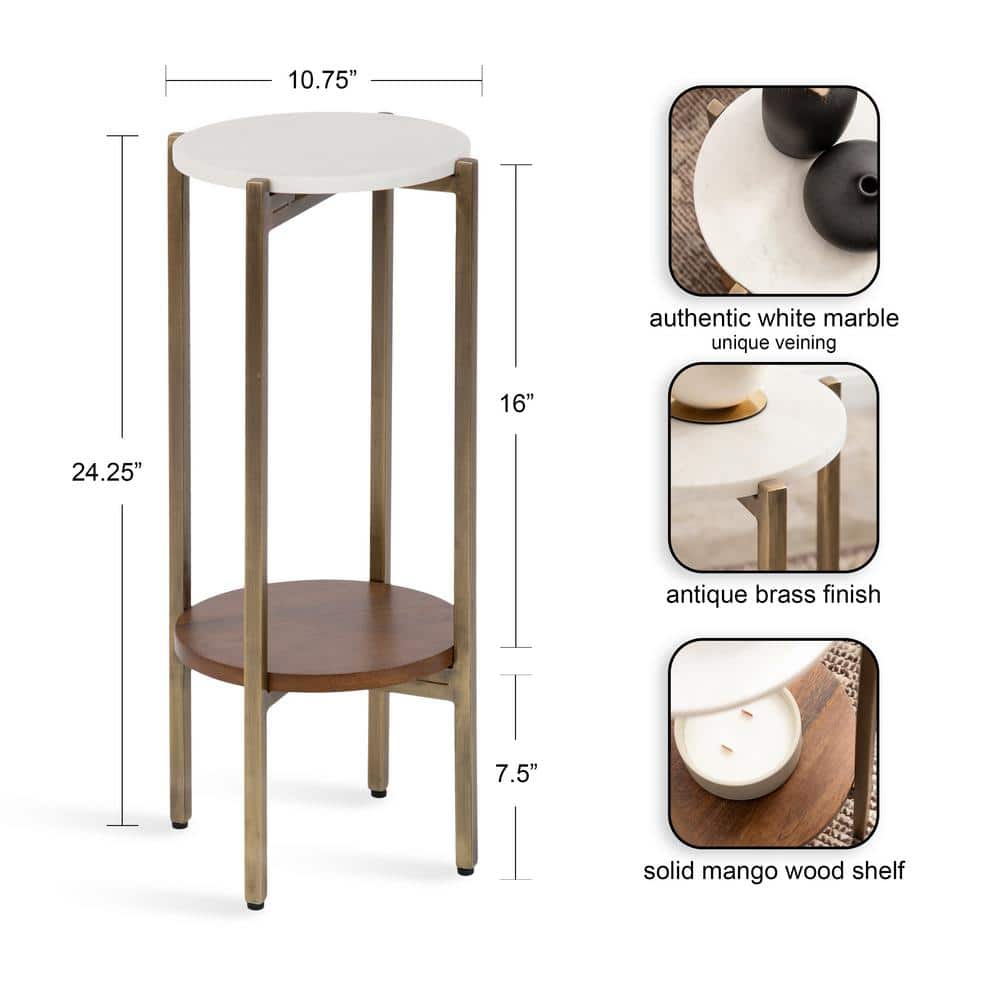 Walnut Brown and White Marble Round Accent Table