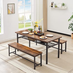 3-Piece Rustic Brown Upgrade Oversized Kitchen Dining Table Set with 2 Benches for Home Kitchen, Dining Room (Seats 6)
