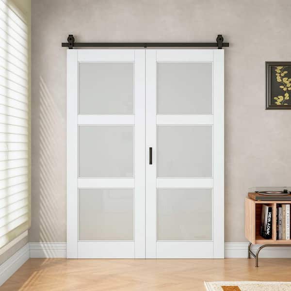 56 in. x 96 in. 3-Lite Tempered Frosted Glass White Primed Composite MDF Bi-Fold Sliding Barn Door with Hardware Kit