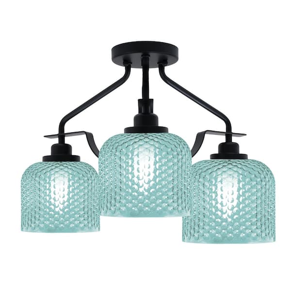 Monroe 16.75 in. 3- Light Matte Black Shaded Flush Mount with 6 in. Turquoise Textured Glass No Bulbs Included