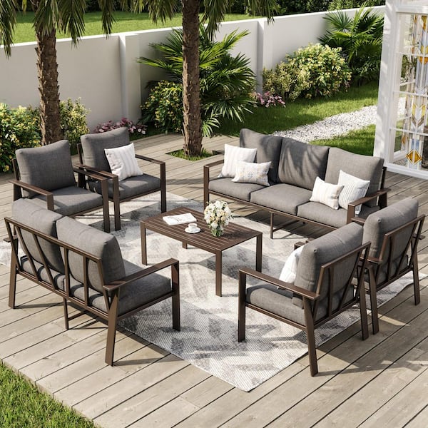 7-Piece Brown Metal Patio Conversation Set with Gray Cushions
