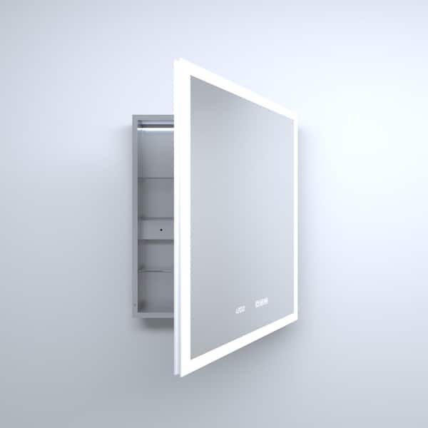 24 in. W x 30 in. H Rectangular Silver Aluminum Recessed/Surface Mount Right Medicine Cabinet with Mirror, LED and Clock