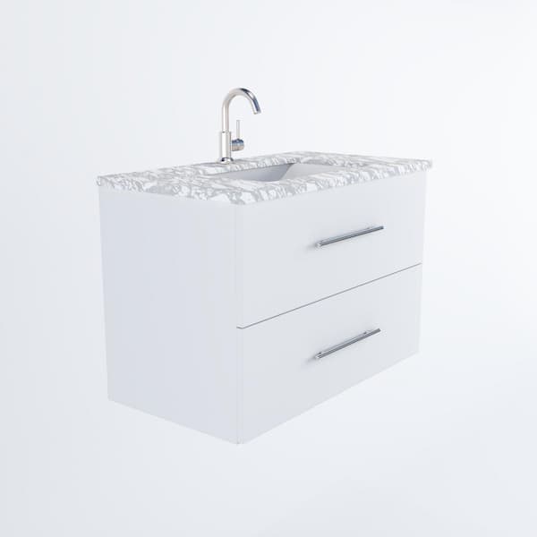 VOLPA USA AMERICAN CRAFTED VANITIES Napa 36 W x 22 D x 21-3/4 H Single Sink Bathroom Vanity Wall Mounted in White with Carrera Marble Countertop