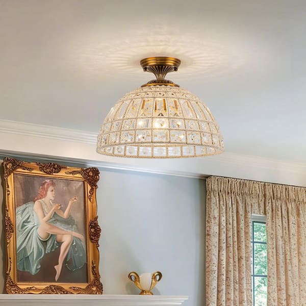 EDISLIVE 1-Light 15 in. Dome Antique Brass Crystal Semi Flush