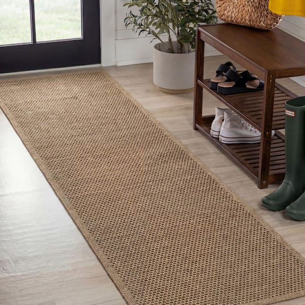 Maxine Easy Jute Contemporary Border Boho Fine Rib Weave Brown 2 ft. x 8 ft. Indoor/Outdoor Runner Rug