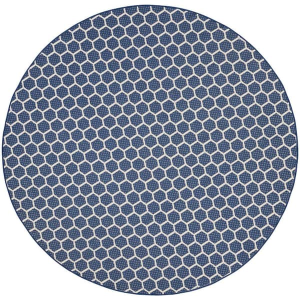 Nourison Reversible Indoor Outdoor Navy 8 ft. x 8 ft. Honeycomb Contemporary Round Area Rug