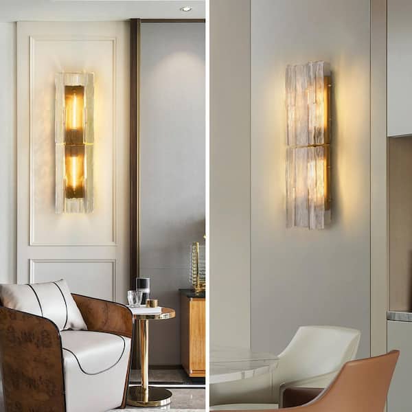 8.27 in. 2-Light Dimmable LED Brass Glass Wall Sconce with Water Ripple, for Living Room, Bathroom, Hallway, Mirror