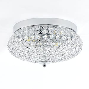 12 in. Modern Crystal Chandelier Chrome Finish Flush Mount Ceiling Light, 2-Light Ceiling Light with Crown Shape