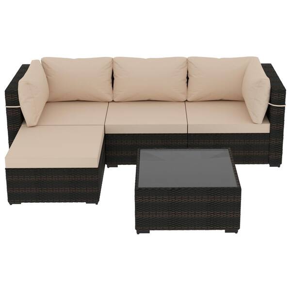 UPHA 5-Pieces Patio Furniture Set, Outdoor Wicker Conversation Set with Coffee Table and Ottoman for Backyard, Garden, Beige