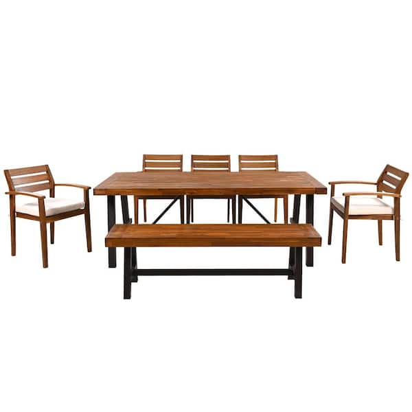 7-Piece Acacia Wood Outdoor Dining Set with White Cushions, Patio Dining Furniture for Poolside, Backyard and Garden