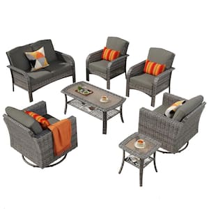 Missisi Gray 7-Piece Wicker Patio Conversation Set with Black Cushions and Swivel Chairs