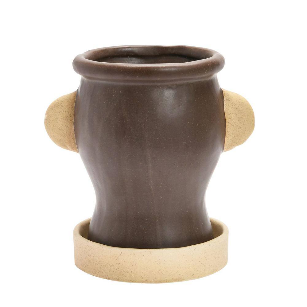 Matte Black and Cream Stoneware Face Planter with Saucer