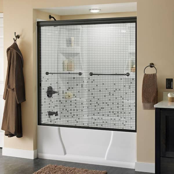 Simplicity 60 in. x 58-1/8 in. Semi-Frameless Traditional Sliding Bathtub Door in Bronze with Mozaic Glass Simplicity 60 in. x 58-1/8 in. Semi-Frameless Traditional Sliding Bathtub Door in Bronze with Mozaic Glass