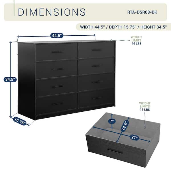 Techni Home Black 8 Drawer 44.5 in. Wide Dresser RTA-DSR08-BK