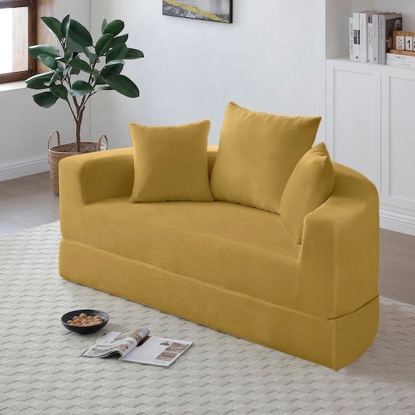 67 in. Modern Yellow Corduroy Twin Size Convertible Circular Sofa Bed with 3-Pillows