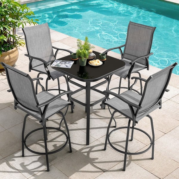 Black 5-Piece Metal and Textilene Outdoor Patio Bar Set with Swivel Bar Stools