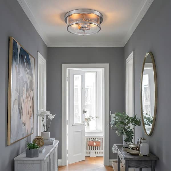 Lumin 11.8 in. 2-Light Nickel Flush Mount with Drum Seeded Glass Shade Dimmable Ceiling Light