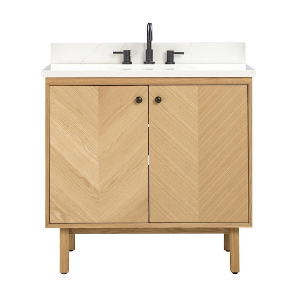 Adele 37 in. Single Sink Natural Oak Bath Vanity with Calacatta White Quartz Top