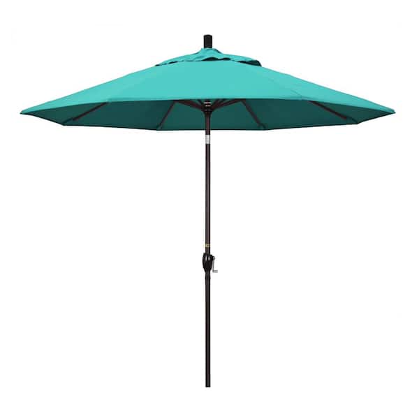 California Umbrella 9 ft. Bronze Aluminum Market Push Button Tilt Crank Lift Patio Umbrella in Aruba Sunbrella