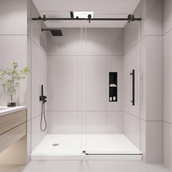 50-54 in. W x 76 in. H Frameless Sliding Shower Door in Matte Black with 1/4 in. Tempered Glass