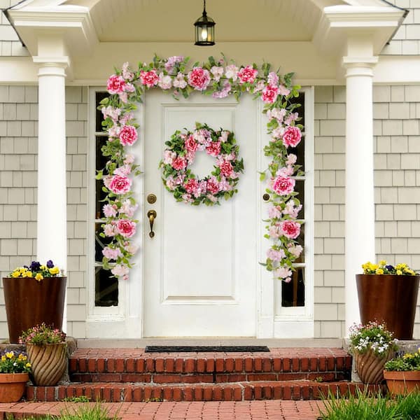カラフルガーランド Glitzhome 6 ft. Pink Hydrangea, Artificial Peony and Cherry
