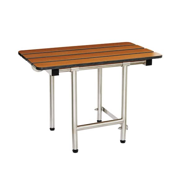 28-inch x 15-inch ADA Bariatric Folding Wall Mount Bathroom Shower Seat Bench with Legs, Teak Phenolic Seat