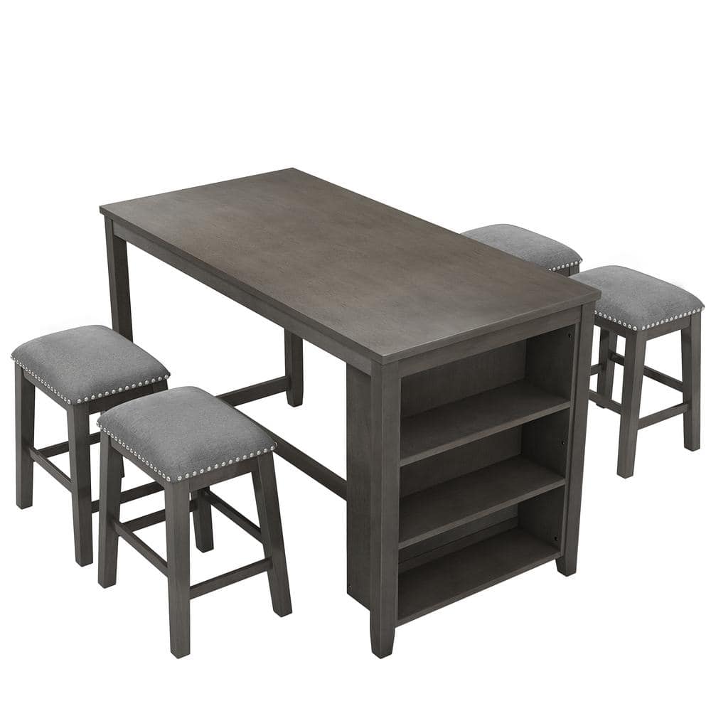 Gray 5-Piece Wood Counter Height Outdoor Dining Set in Rustic Farmhouse wit
