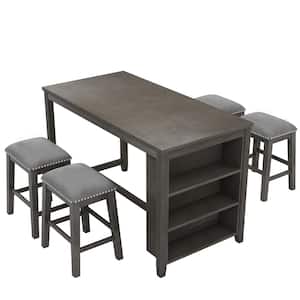 Gray 5-Piece Wood Counter Height Outdoor Dining Set in Rustic Farmhouse with Table Shelves, 4 Stools and Gray Cushions