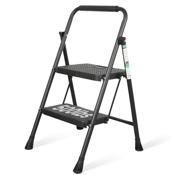 Portable 2Step Folding Steel Step Stool with Wide Anti-Slip Pedal and Convenient Handgrip 500lbs Sturdy Black 35.4 in. H