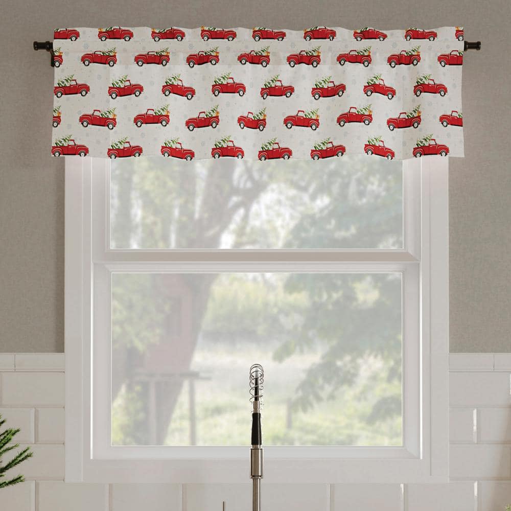 Sun Zero Christmas Truck Red Polyester 54 in. W x 14 in. L Rod Pocket Light Filtering Kitchen Curtain Valance (Single Panel)